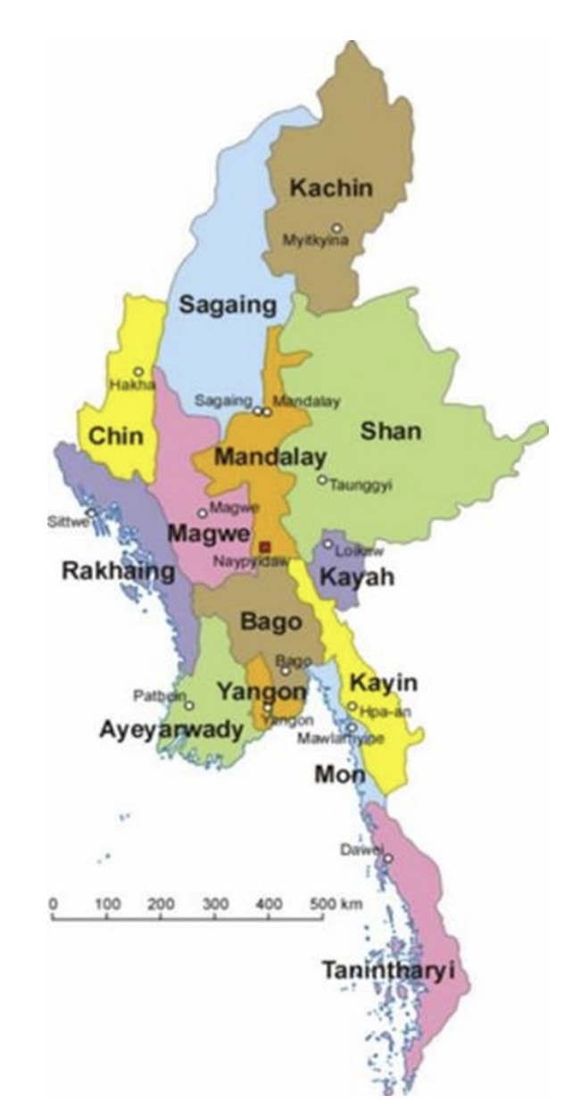 a map outlining the regions in Myanmar