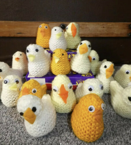 Ailsa Bruce knitted tiny ducks/chicks for easter fundraising for ukraine