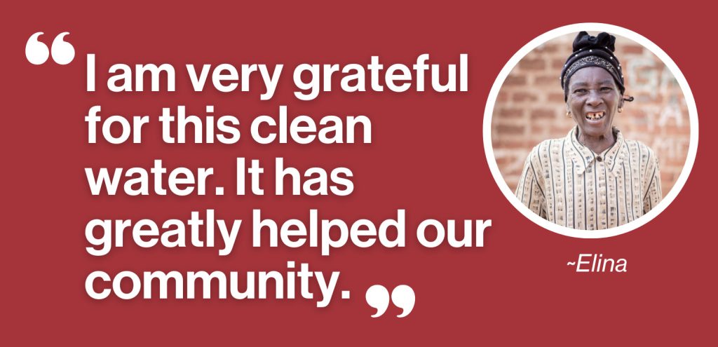 Quote from Elina reading 'I am very grateful for this clean water. It has greatly helped our community.' with an image of Elina on the right