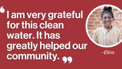 Quote from Elina reading 'I am very grateful for this clean water. It has greatly helped our community.' with an image of Elina on the right