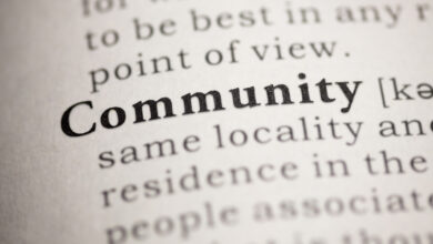 Close-up of a dictionary page with the word 'community' highlighted