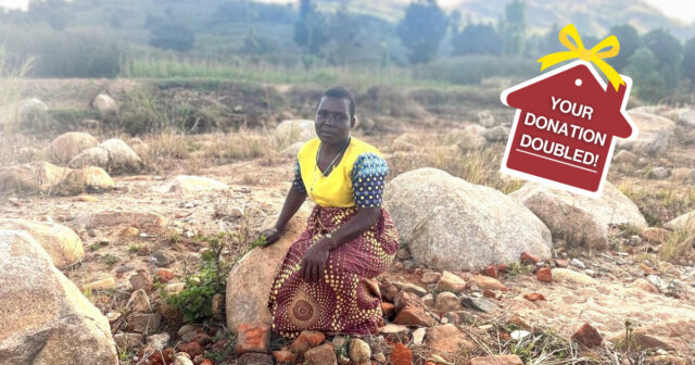 A photo of Mary sat on a rock. In the top right corner is a badge icon reading 'YOUR DONATION DOUBLED!'